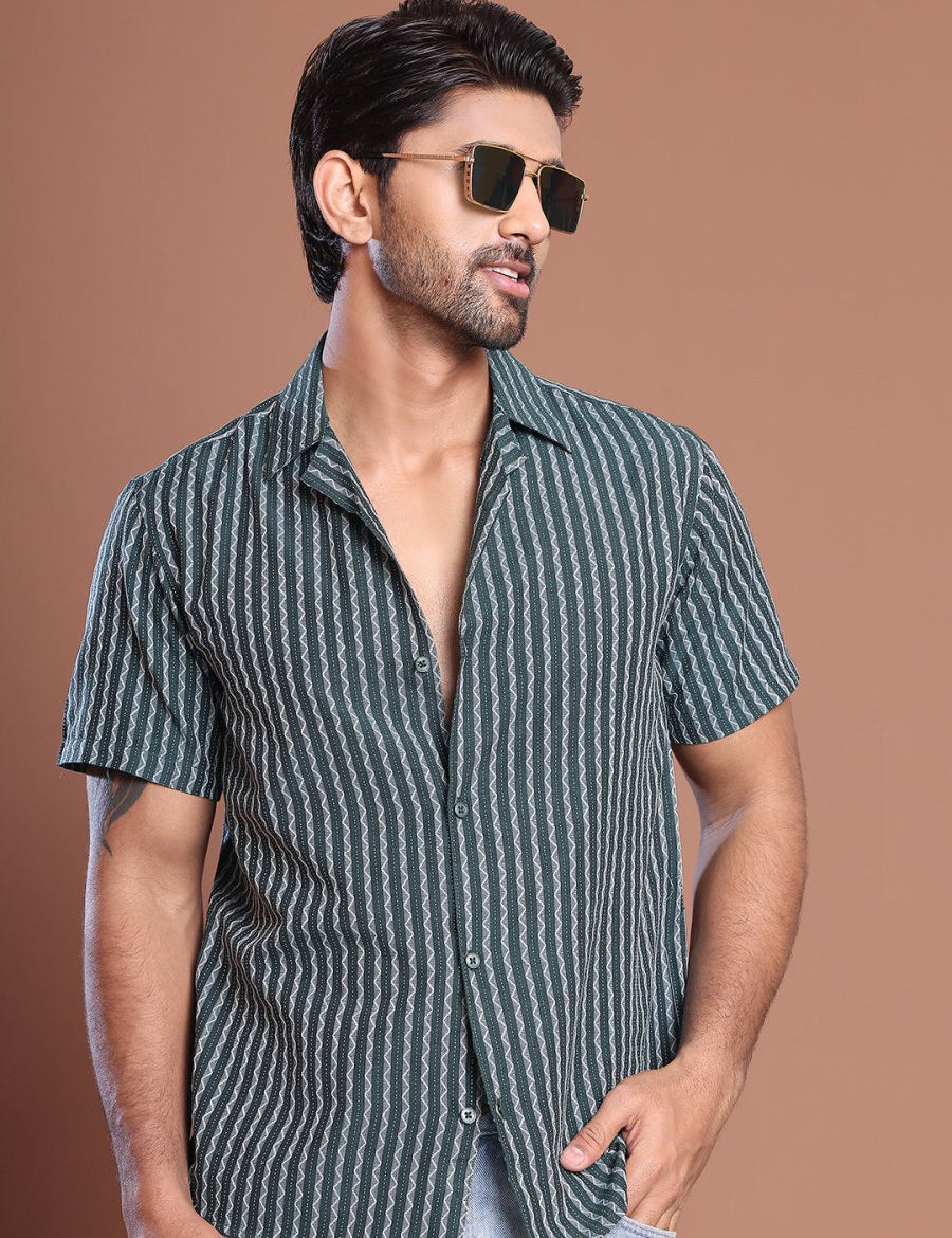 Olive Striped Half Sleeve Shirt for Men - SF_9037Olive_S