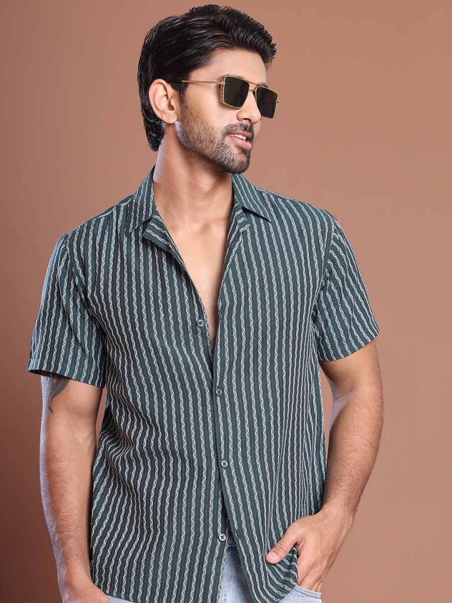Olive Striped Half Sleeve Shirt for Men - SF_9037Olive_S