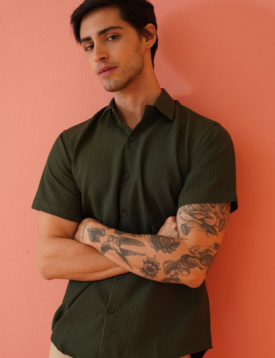 Olive Striped Half Sleeve Shirt for Men - SF_921Olive_S