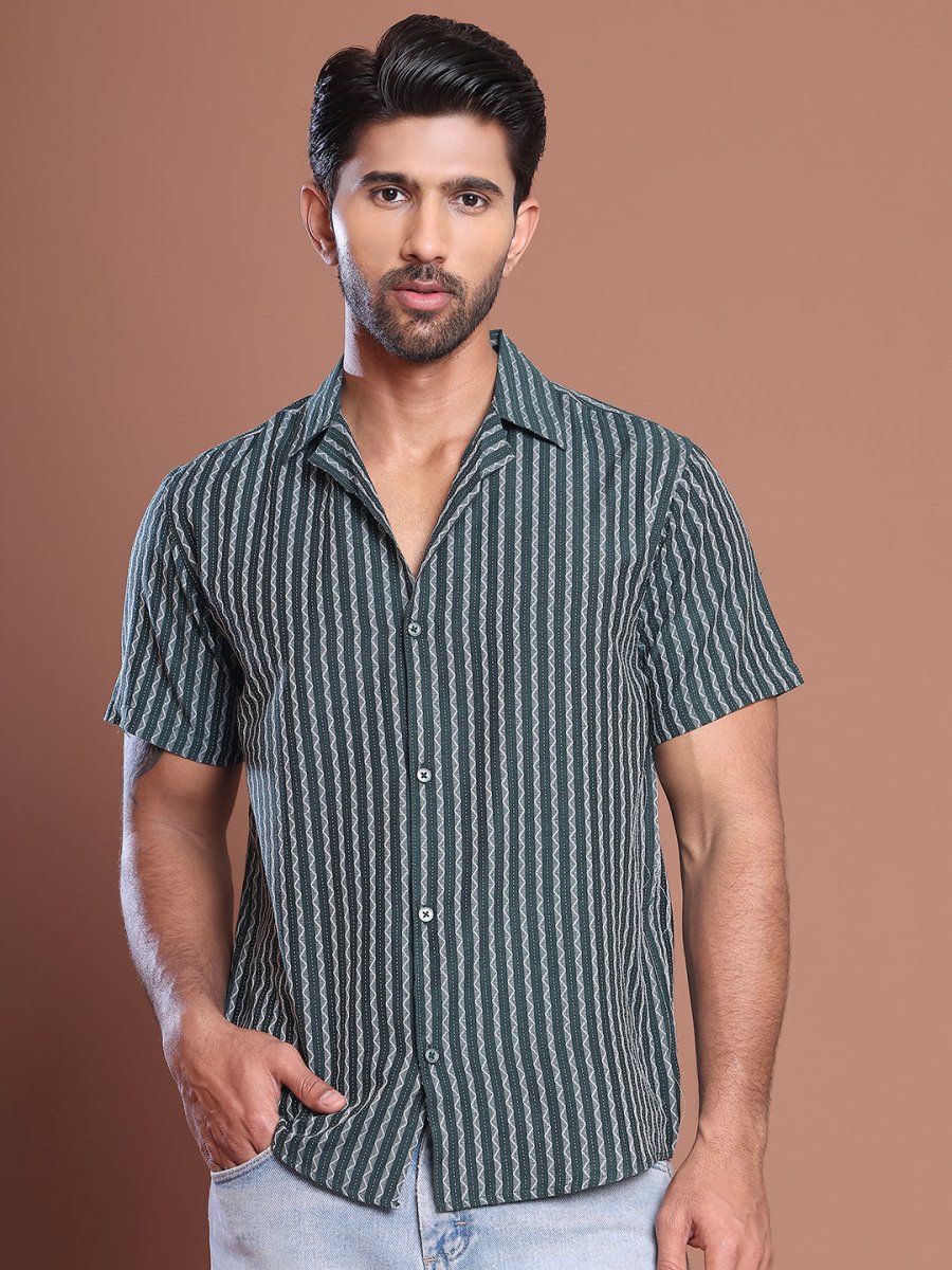 Olive Striped Half Sleeve Shirt for Men - SF_9037Olive_S