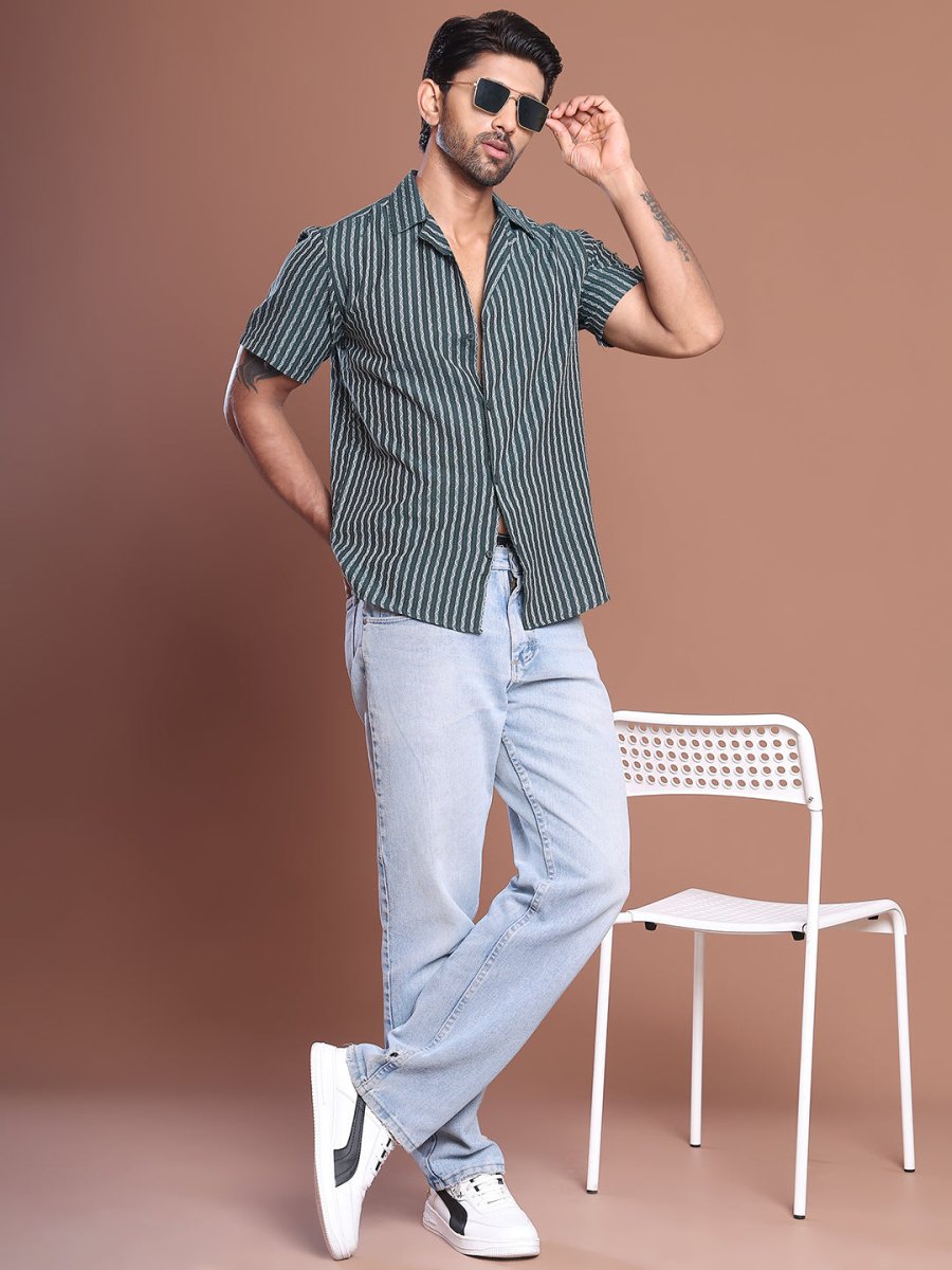 Olive Striped Half Sleeve Shirt for Men - SF_9037Olive_S