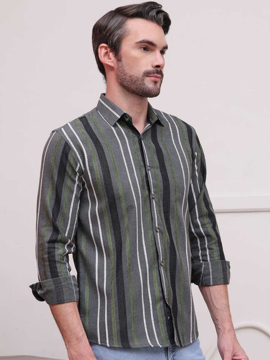 Olive Striped Party Shirt for Men - SF_9006Olive_S