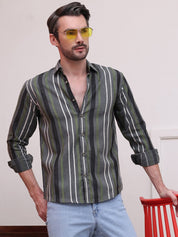 Olive Striped Party Shirt for Men - SF_9006Olive_S