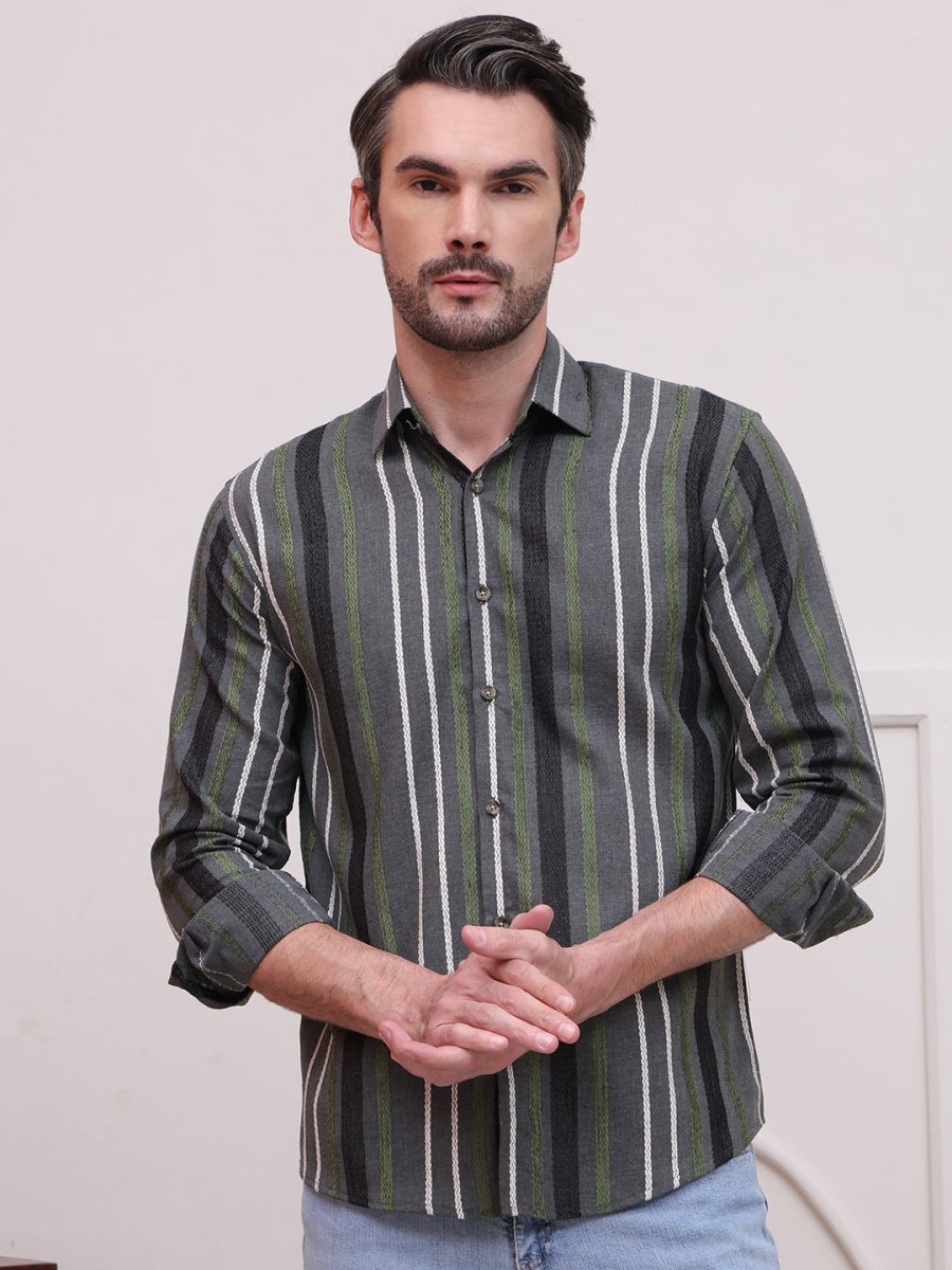 Olive Striped Party Shirt for Men - SF_9006Olive_S