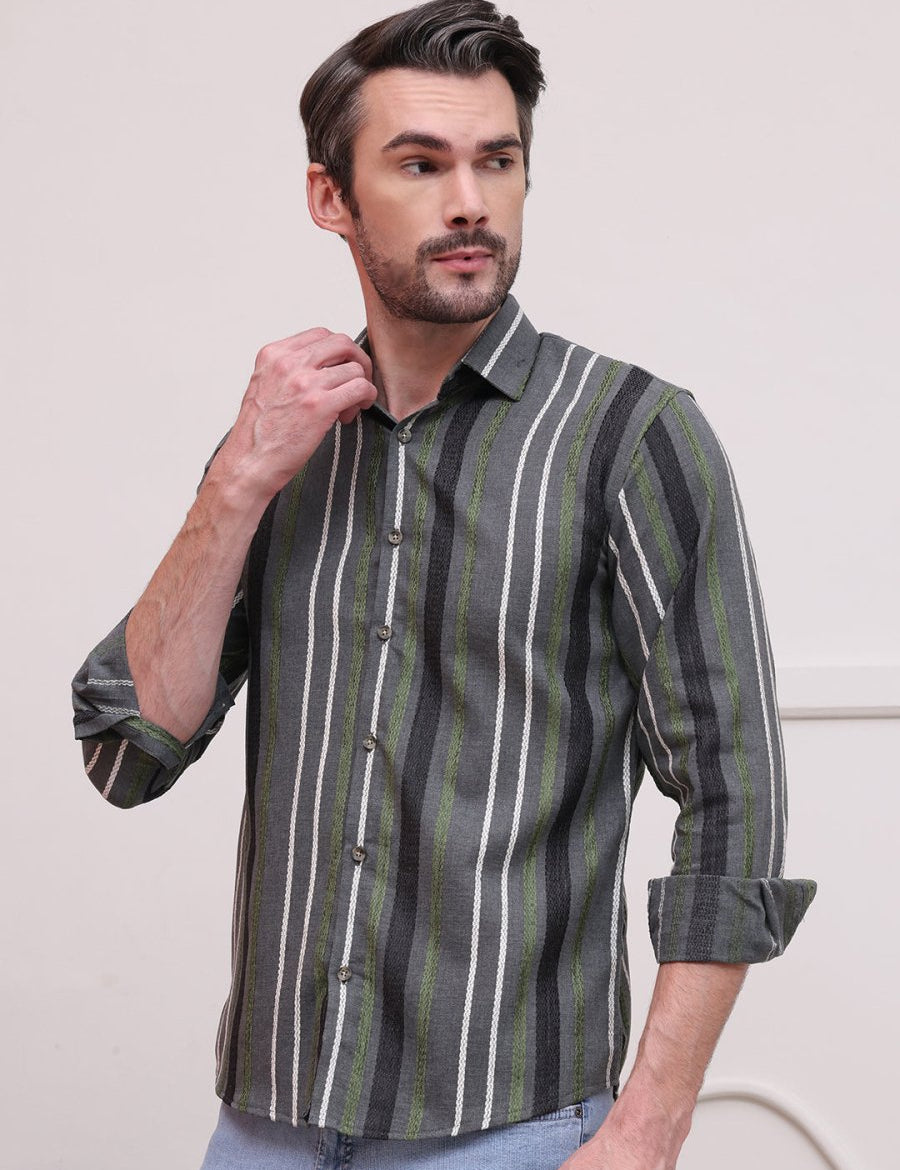 Olive Striped Party Shirt for Men - SF_9006Olive_S