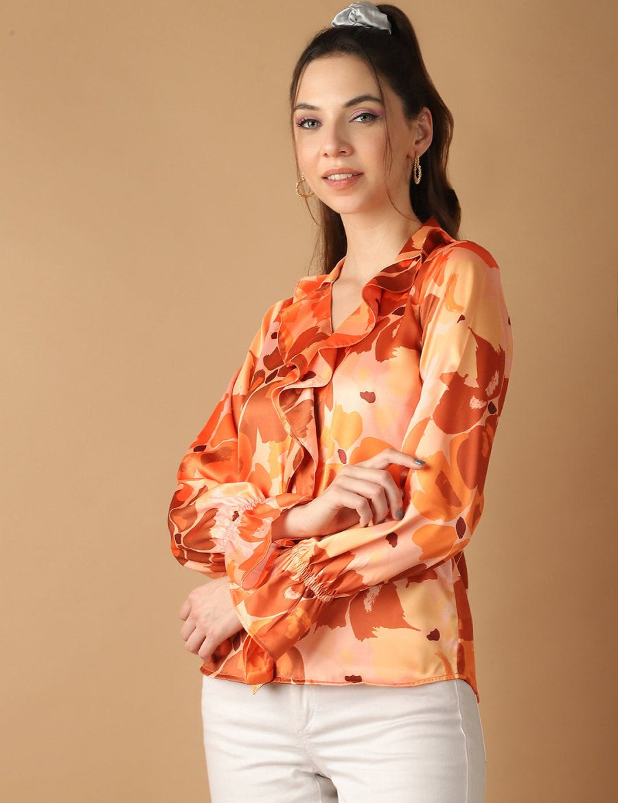 Orange Floral Printed Ruffles Top For Women - JNT_2028Orange_XS