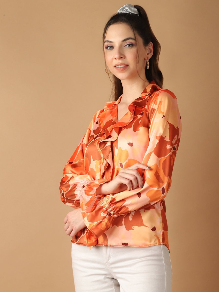 Orange Floral Printed Ruffles Top For Women - JNT_2028Orange_XS