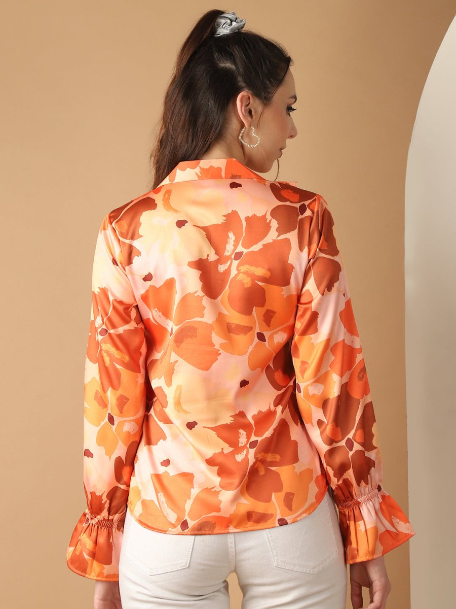 Orange Floral Printed Ruffles Top For Women - JNT_2028Orange_XS