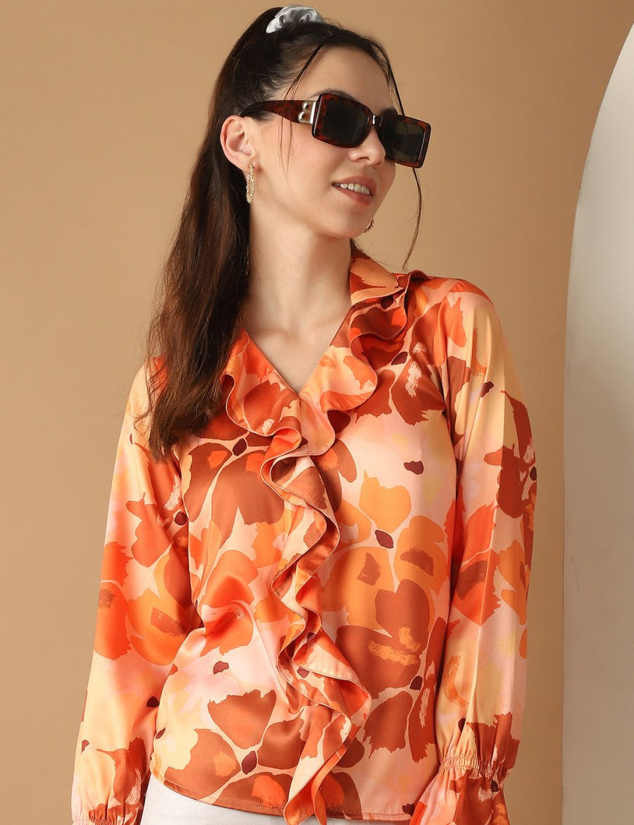 Orange Floral Printed Ruffles Top For Women - JNT_2028Orange_XS