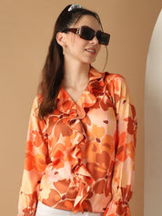 Orange Floral Printed Ruffles Top For Women - JNT_2028Orange_XS