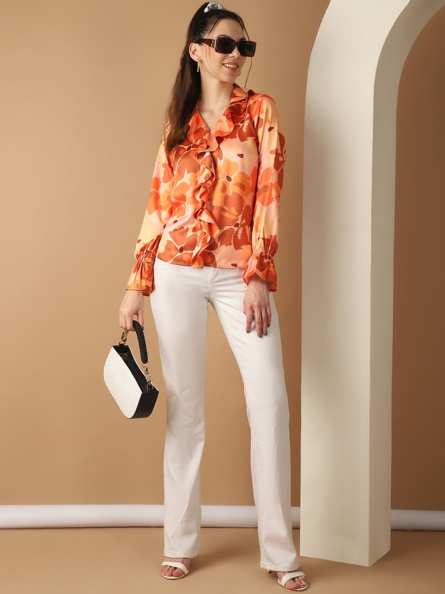 Orange Floral Printed Ruffles Top For Women - JNT_2028Orange_XS