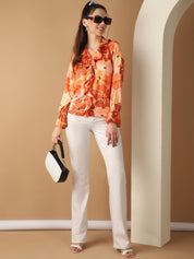 Orange Floral Printed Ruffles Top For Women - JNT_2028Orange_XS