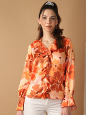 Orange Floral Printed Ruffles Top For Women - JNT_2028Orange_XS