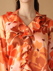 Orange Floral Printed Ruffles Top For Women - JNT_2028Orange_XS