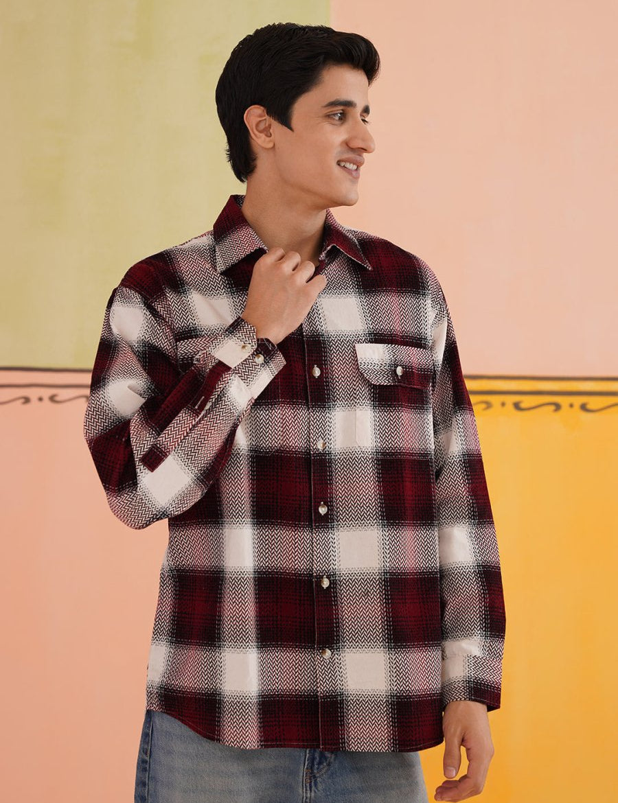 Oversized Checked Casual Shirt for Men - SF_9015Red_S