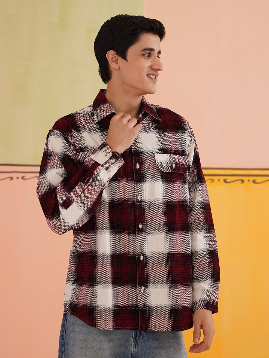 Oversized Checked Casual Shirt for Men - SF_9015Red_S
