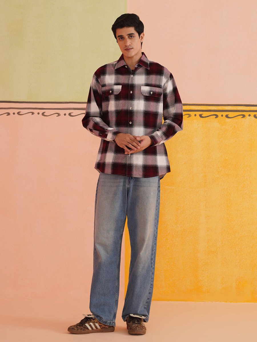 Oversized Checked Casual Shirt for Men - SF_9015Red_S