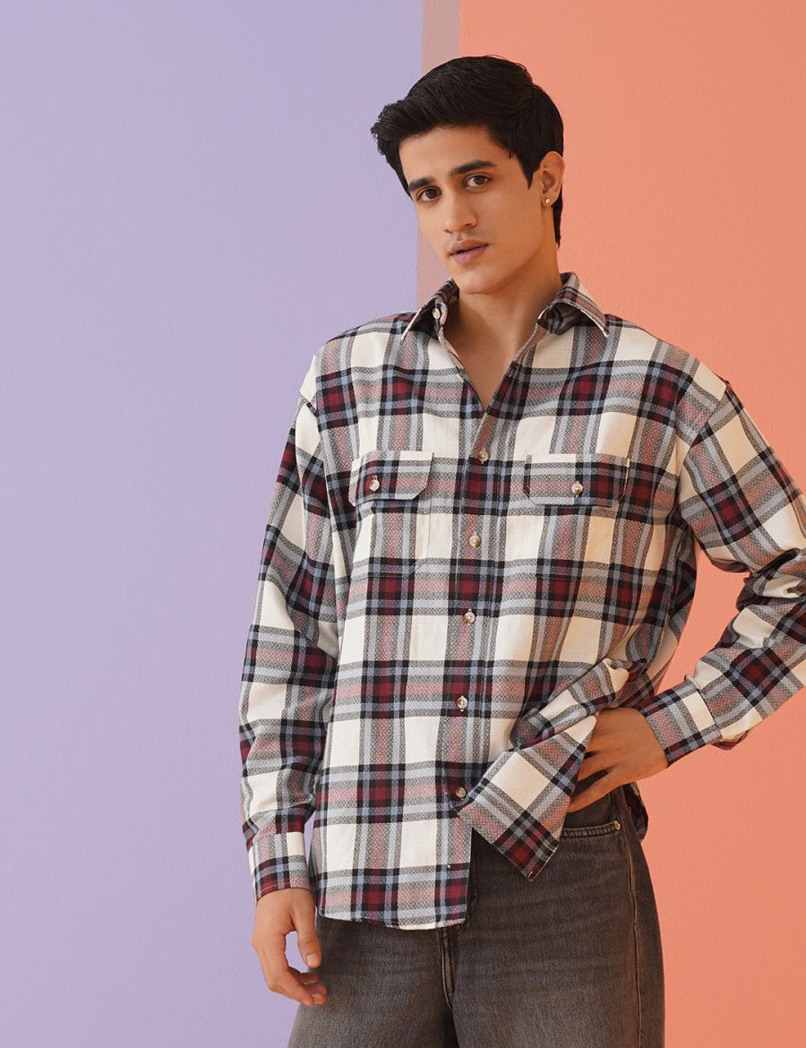 Oversized Checked Casual Shirt for Men - SF_9009Red_S