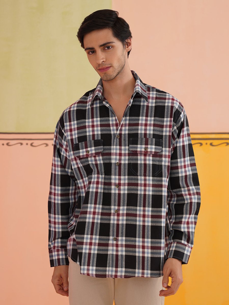 Oversized Checked Casual Shirt for Men - SF_9009Black_S