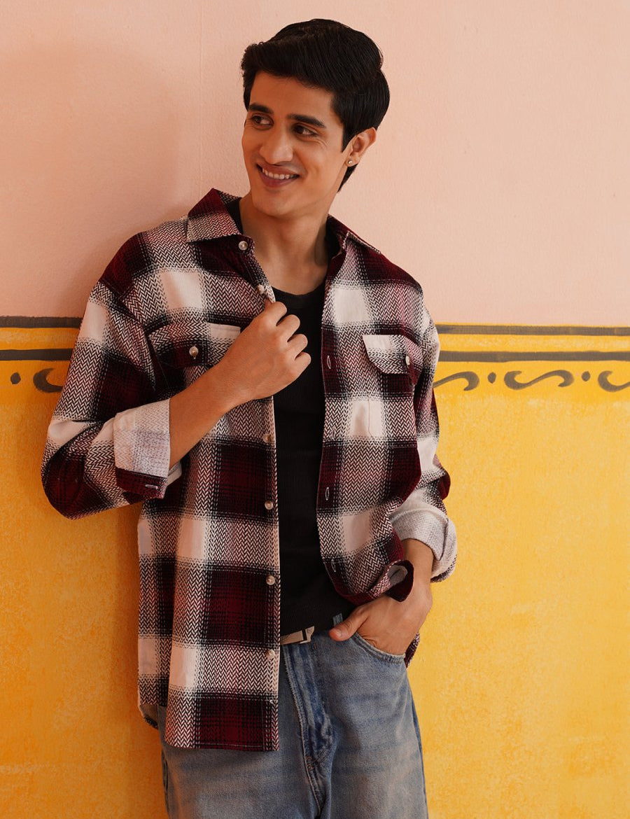 Oversized Checked Casual Shirt for Men - SF_9015Red_S