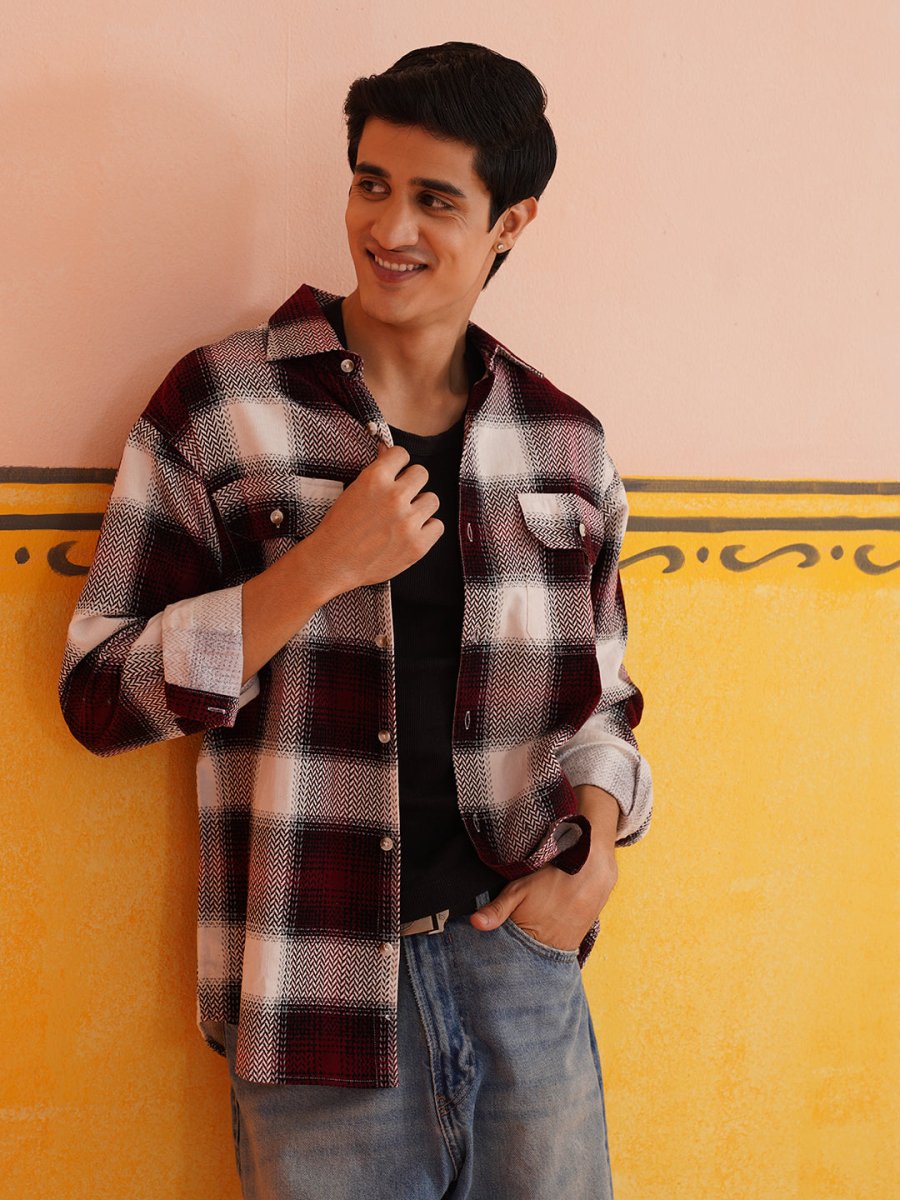 Oversized Checked Casual Shirt for Men - SF_9015Red_S