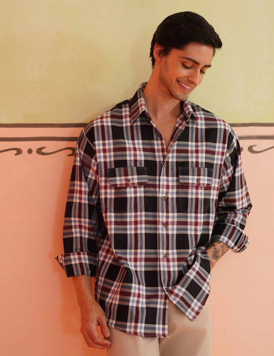 Oversized Checked Casual Shirt for Men - SF_9009Black_S