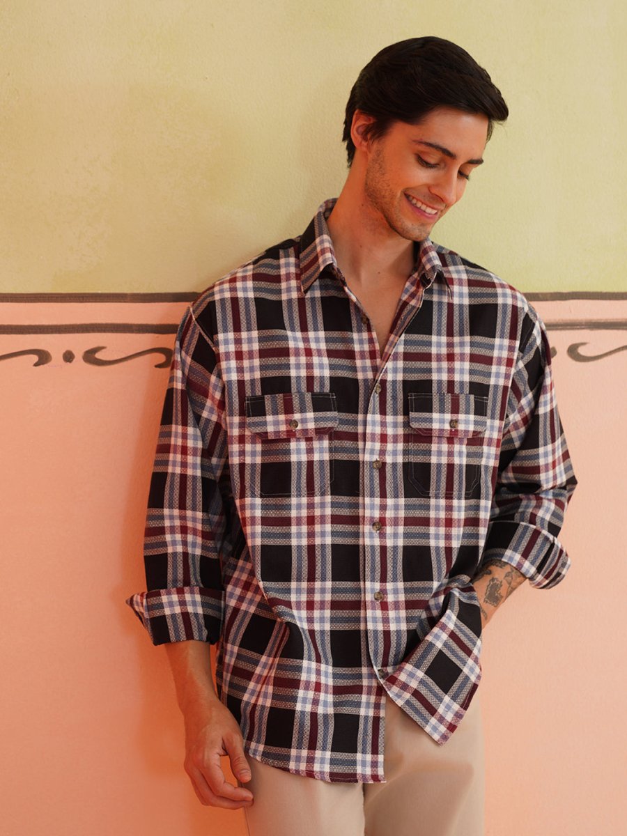 Oversized Checked Casual Shirt for Men - SF_9009Black_S