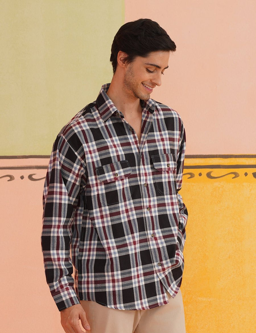 Oversized Checked Casual Shirt for Men - SF_9009Black_S