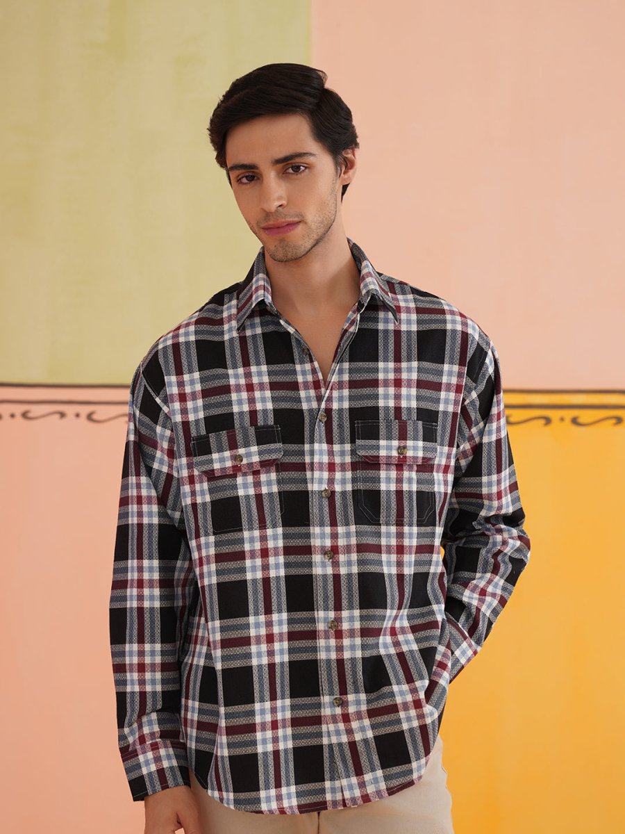 Oversized Checked Casual Shirt for Men - SF_9009Black_S