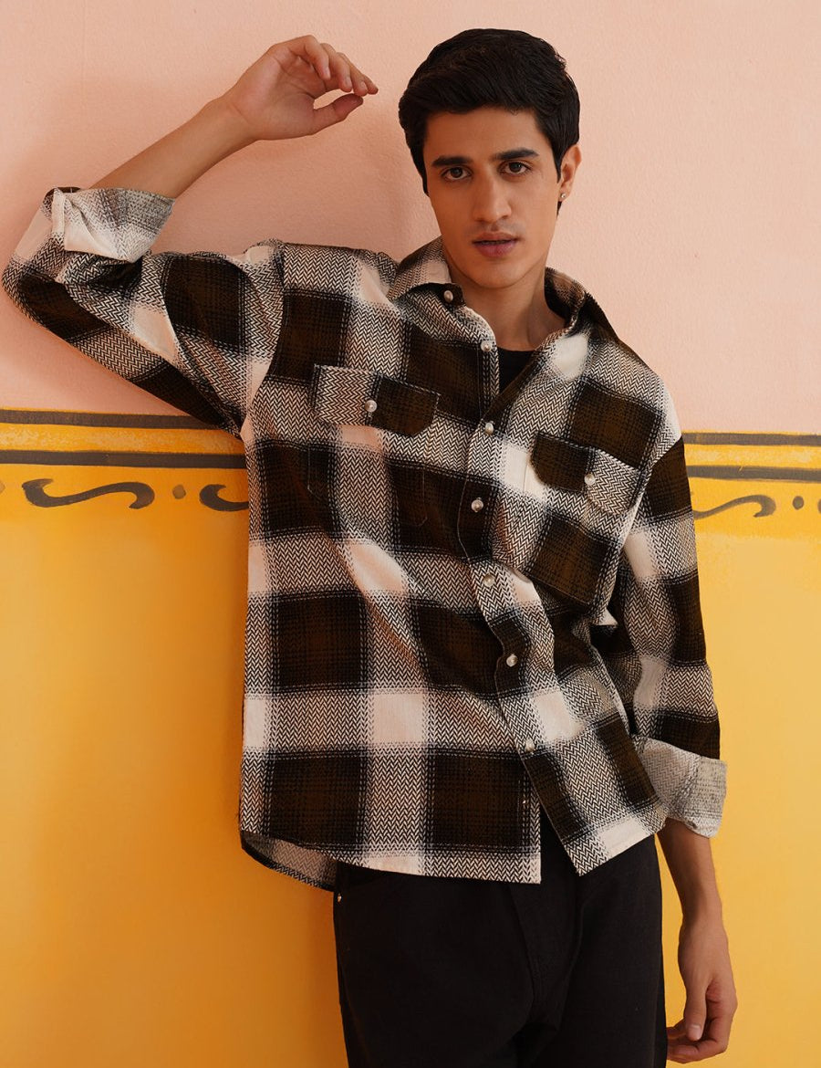 Oversized Checked Casual Shirt for Men - SF_9015Coffee_S