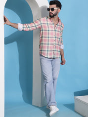 Peach Checked Cotton Casual Shirt for Men - SF_942Peach_S