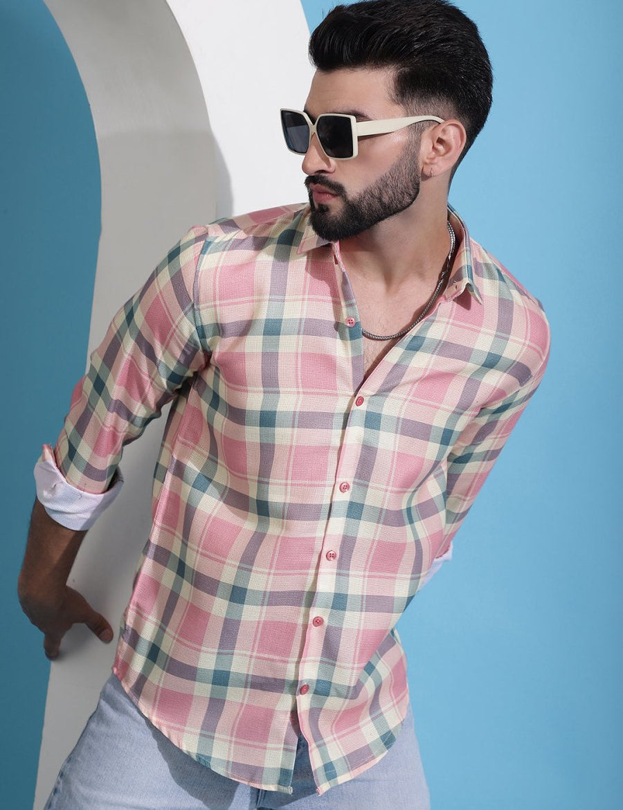 Peach Checked Cotton Casual Shirt for Men - SF_942Peach_S