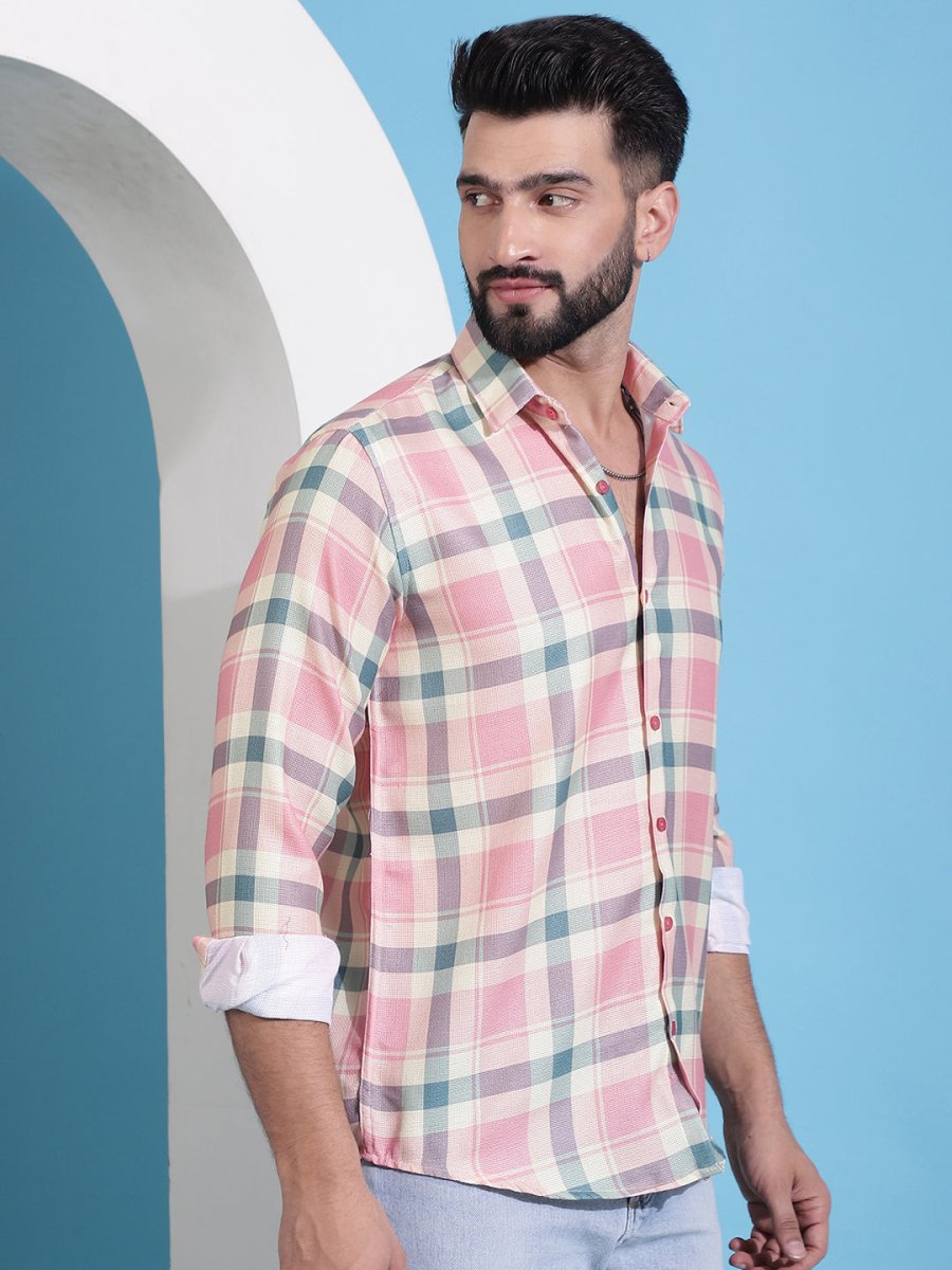 Peach Checked Cotton Casual Shirt for Men - SF_942Peach_S