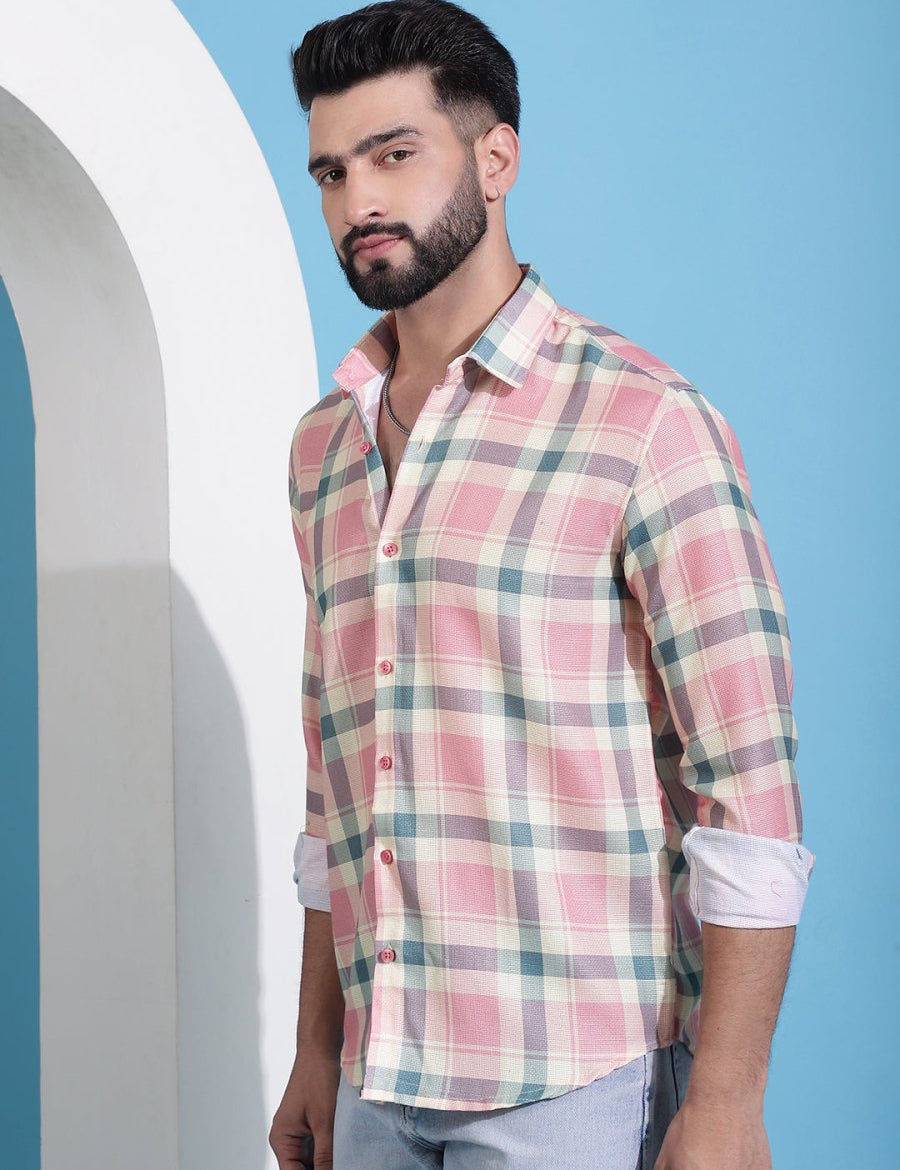 Peach Checked Cotton Casual Shirt for Men - SF_942Peach_S