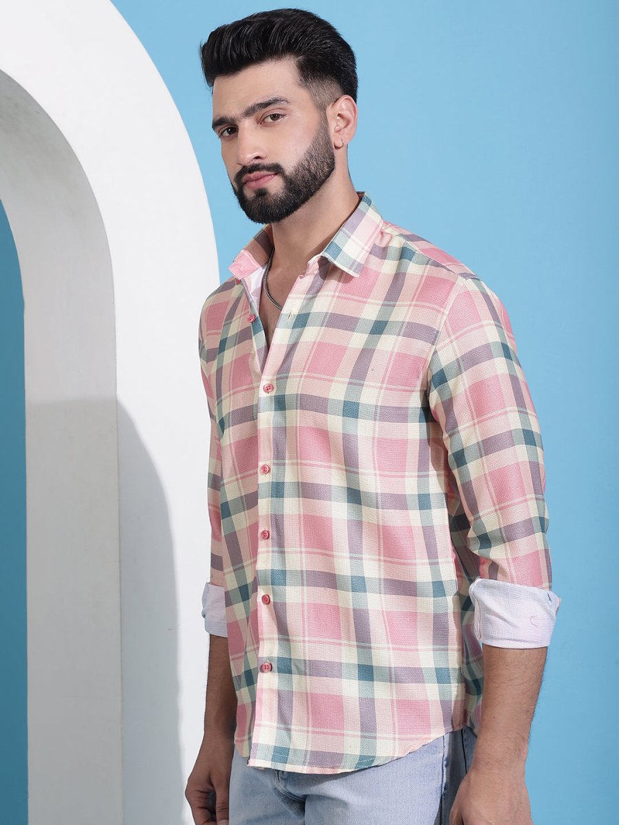 Peach Checked Cotton Casual Shirt for Men - SF_942Peach_S