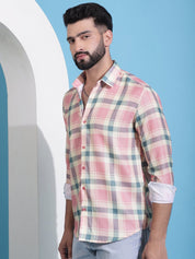 Peach Checked Cotton Casual Shirt for Men - SF_942Peach_S