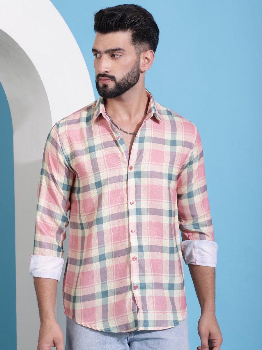 Peach Checked Cotton Casual Shirt for Men - SF_942Peach_S