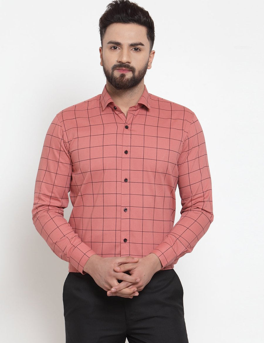 Peach Checked Cotton Shirt for Men - SF_742Peach_S