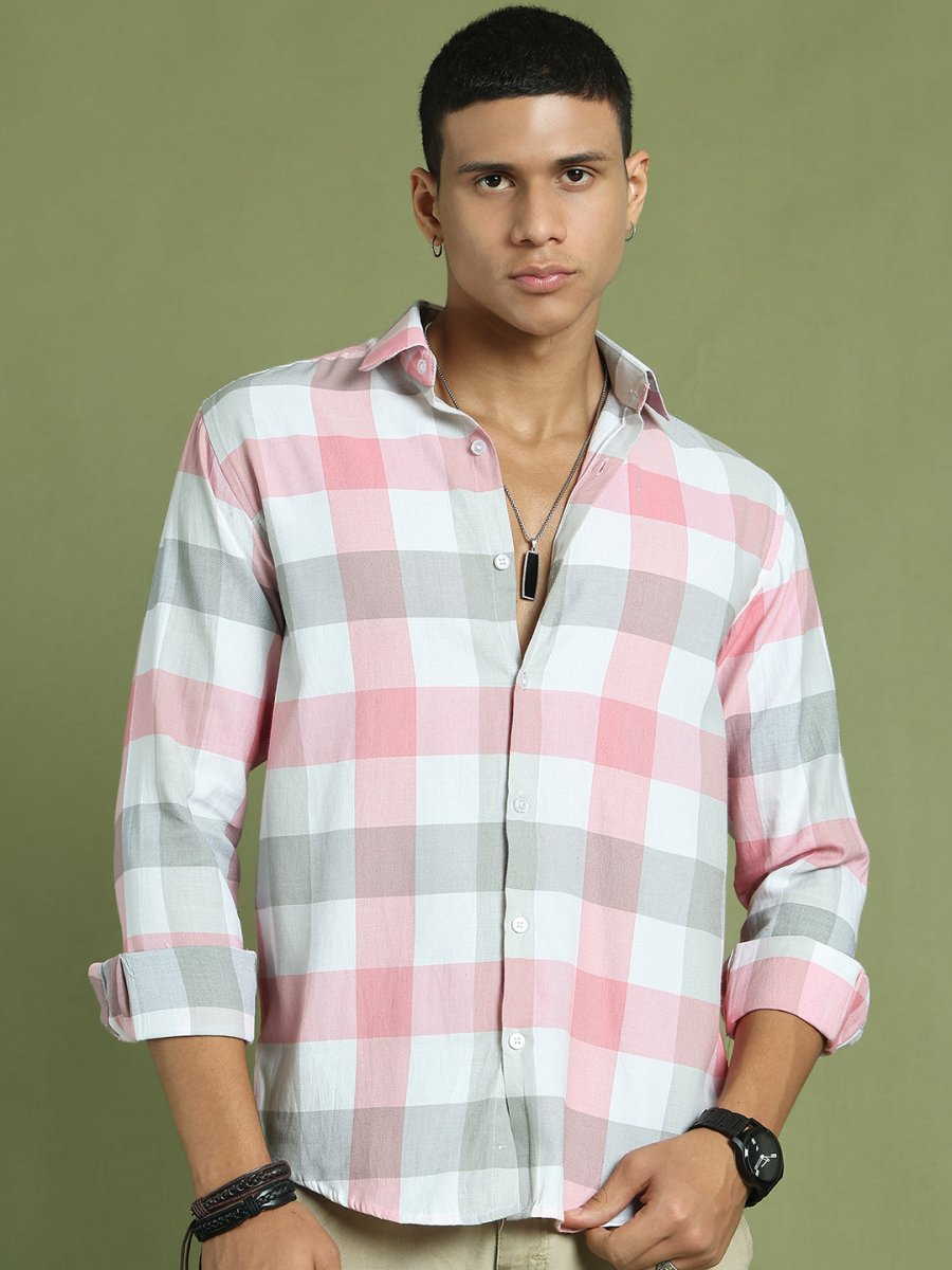 Pink Checked Cotton Shirt for Men - SF_877Pink_S