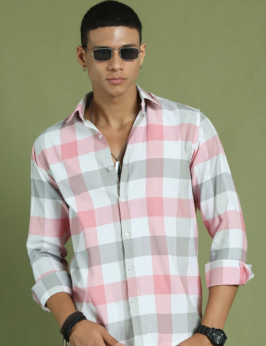Pink Checked Cotton Shirt for Men - SF_877Pink_S