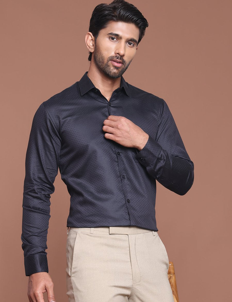 Polka Dot Printed Formal Shirt - SF_9045Black_S