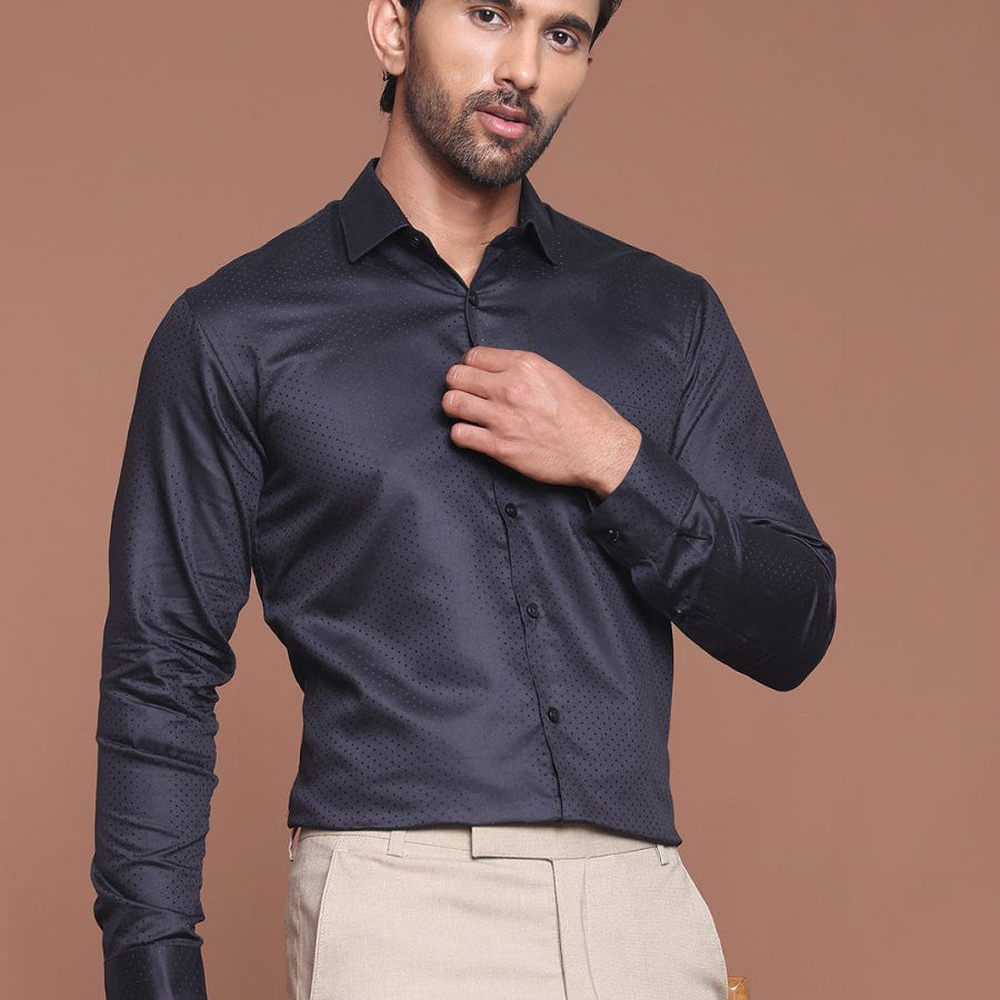 Polka Dot Printed Formal Shirt - SF_9045Black_S