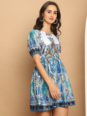 Printed Flared Dress For Women - JND_1038Blue_XS