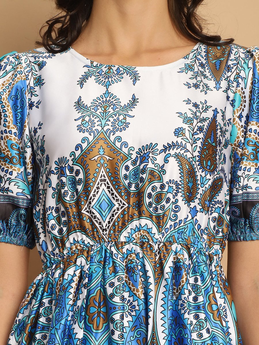 Printed Flared Dress For Women - JND_1038Blue_XS