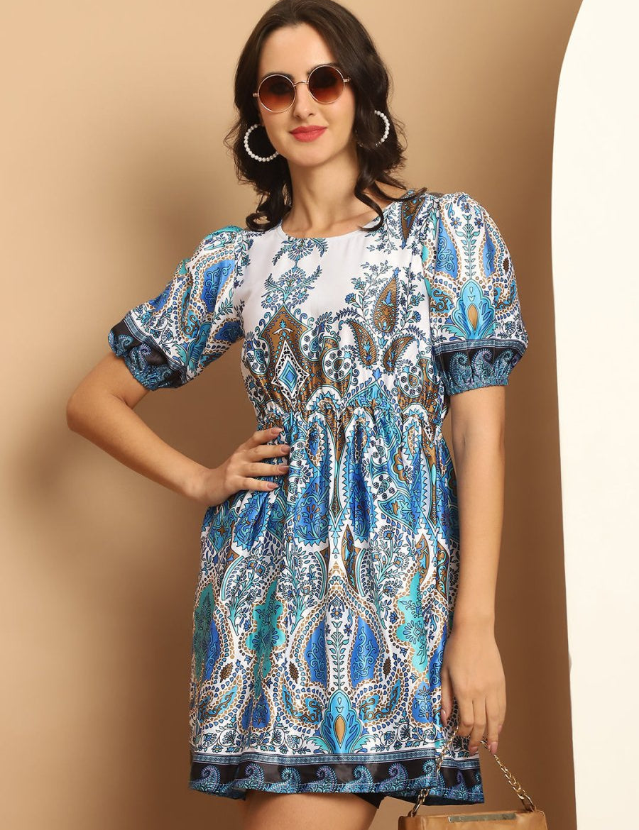 Printed Flared Dress For Women - JND_1038Blue_XS