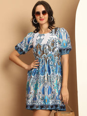 Printed Flared Dress For Women - JND_1038Blue_XS