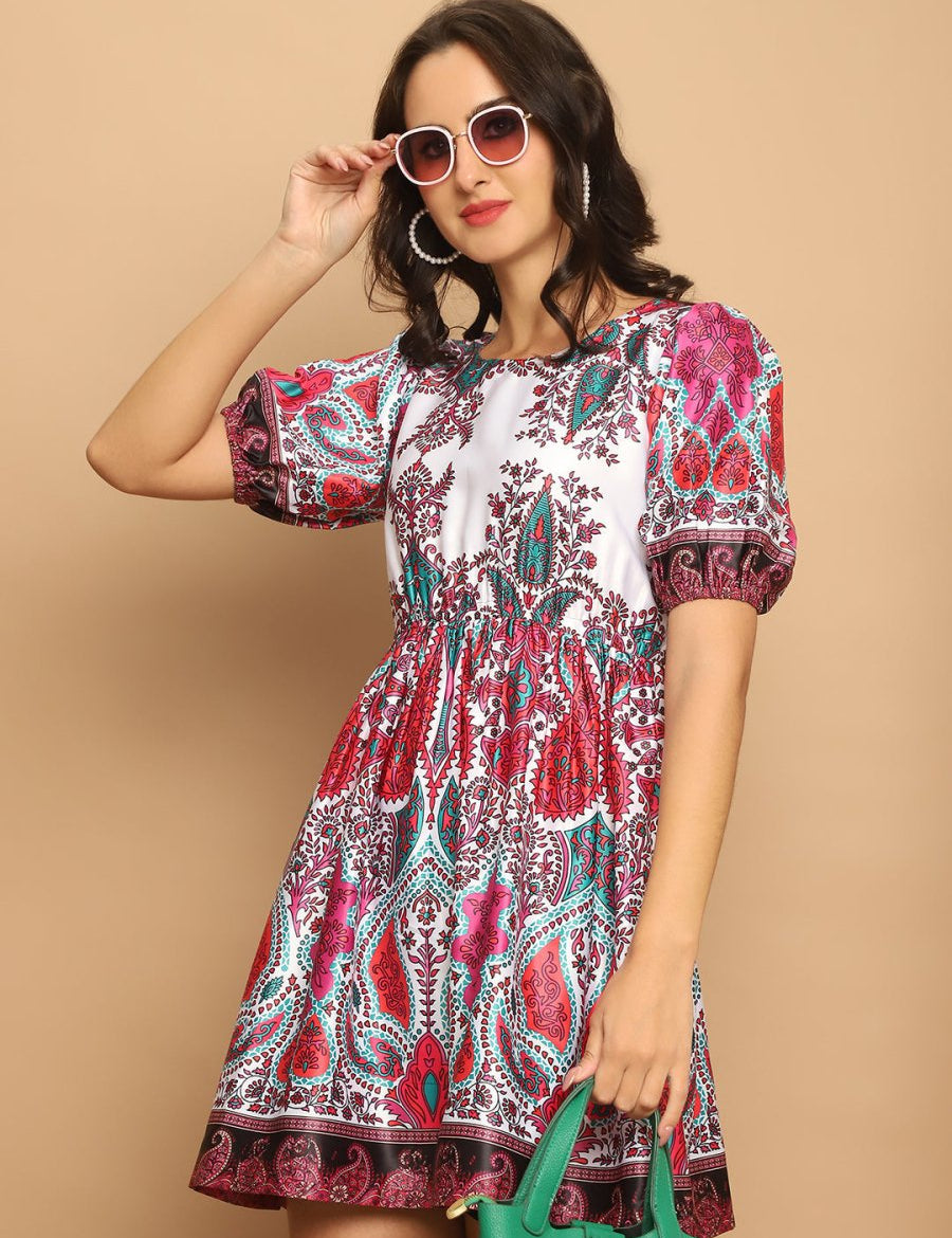 Printed Flared Dress For Women - JND_1038Pink_XS