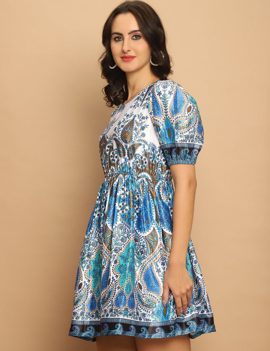 Printed Flared Dress For Women - JND_1038Blue_XS