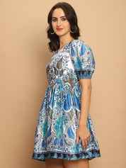 Printed Flared Dress For Women - JND_1038Blue_XS