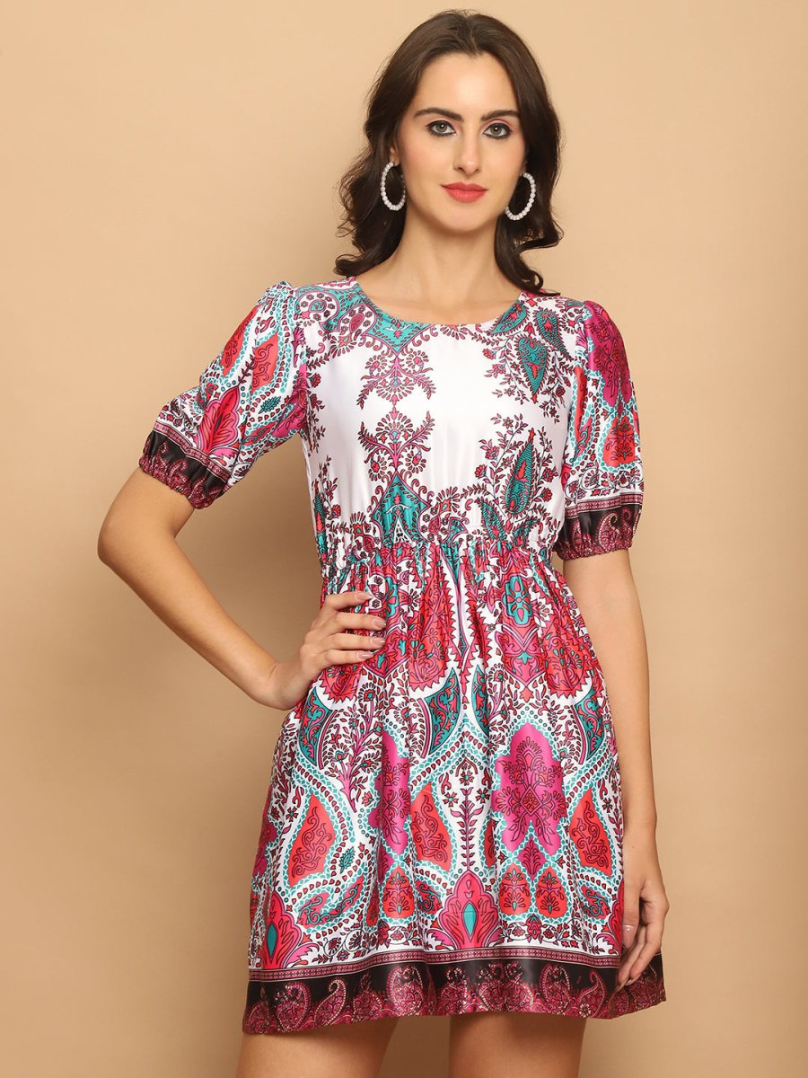 Printed Flared Dress For Women - JND_1038Pink_XS